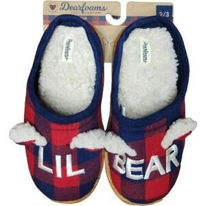 New Dearfoam Childrens 'Lil Bear' Slippers 2/3 Red Blue Plaid Memory Foam SlipOn